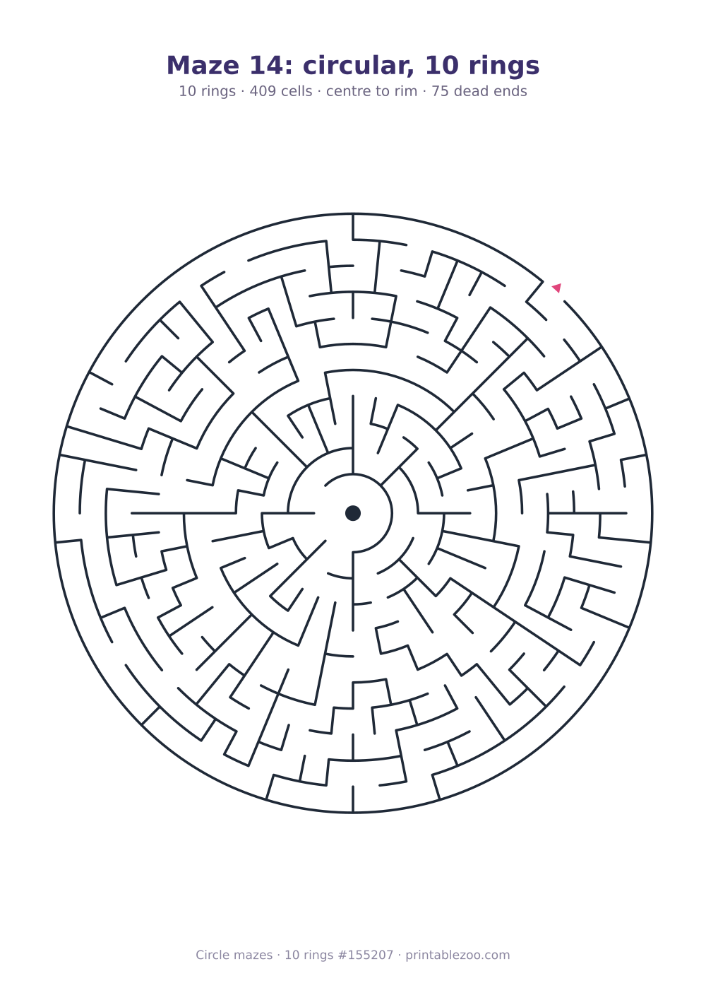 Printable circular maze with 10 rings, 409 cells and 75 dead ends, puzzle 155207