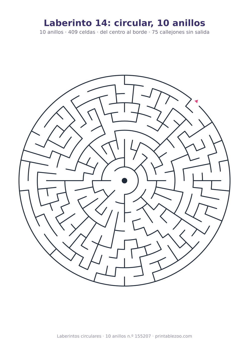 Laberinto circular para imprimir de 10 anillos, 409 celdas y 75 callejones sin salida, pasatiempo 155207
