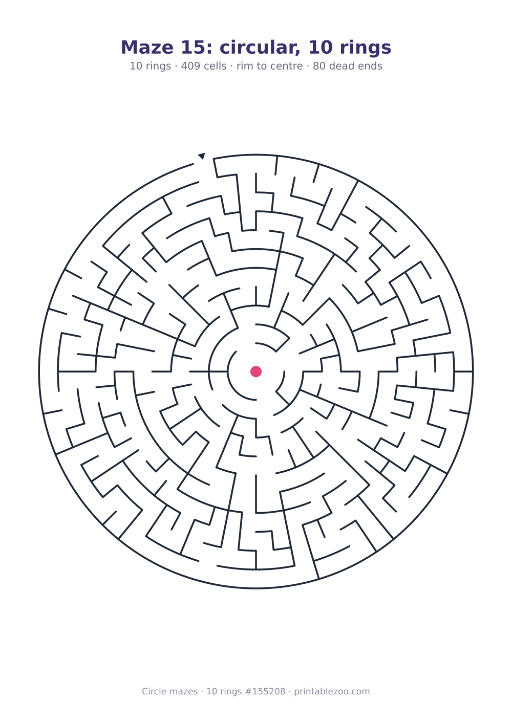 Printable circular maze with 10 rings, 409 cells and 80 dead ends, puzzle 155208