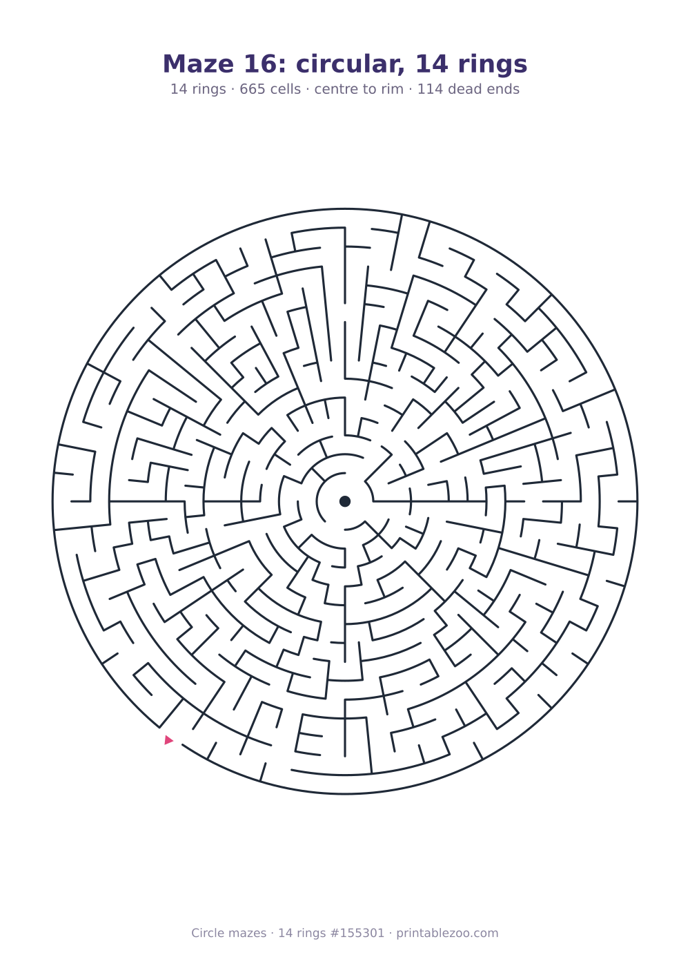 Printable circular maze with 14 rings, 665 cells and 114 dead ends, puzzle 155301