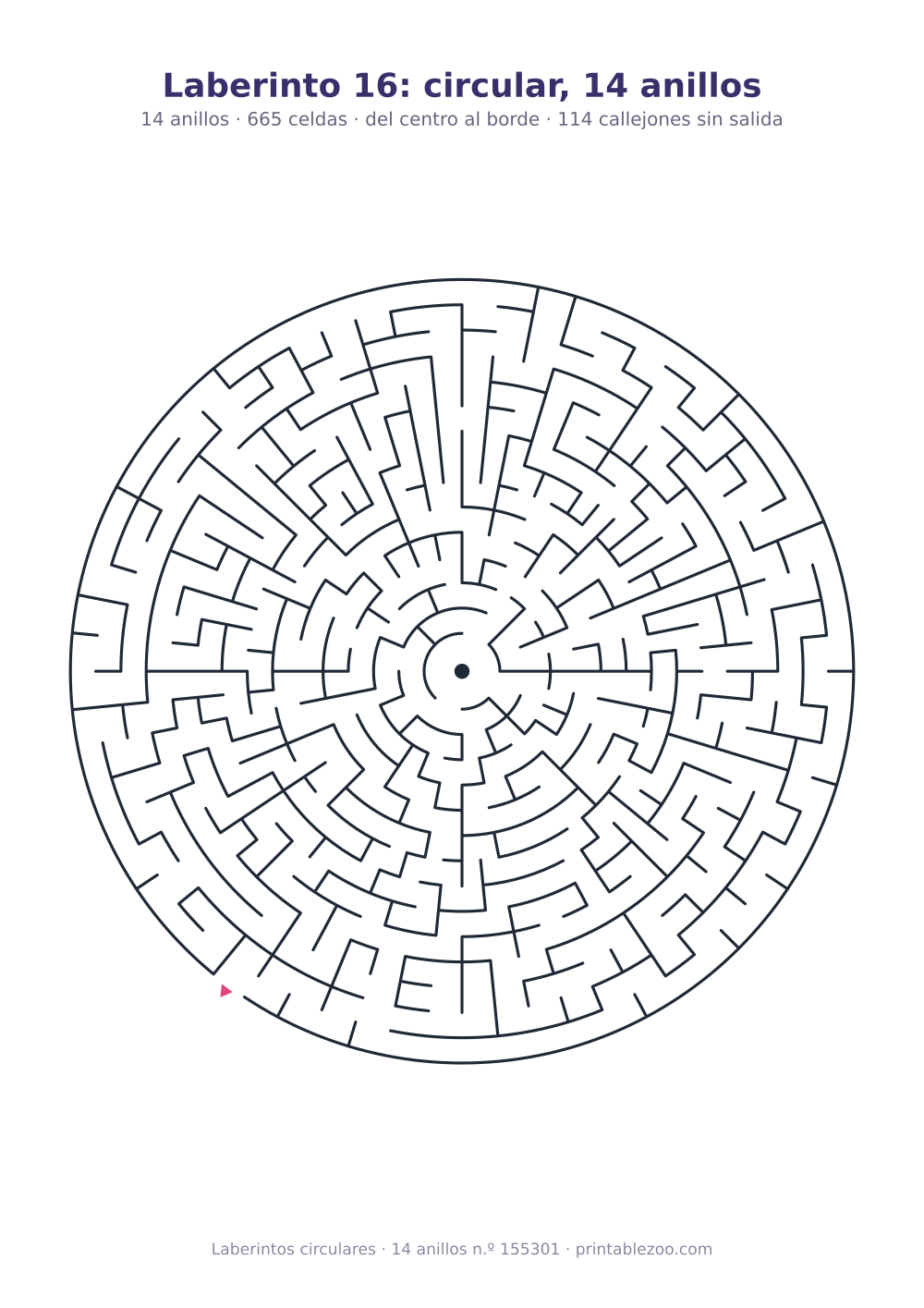 Laberinto circular para imprimir de 14 anillos, 665 celdas y 114 callejones sin salida, pasatiempo 155301