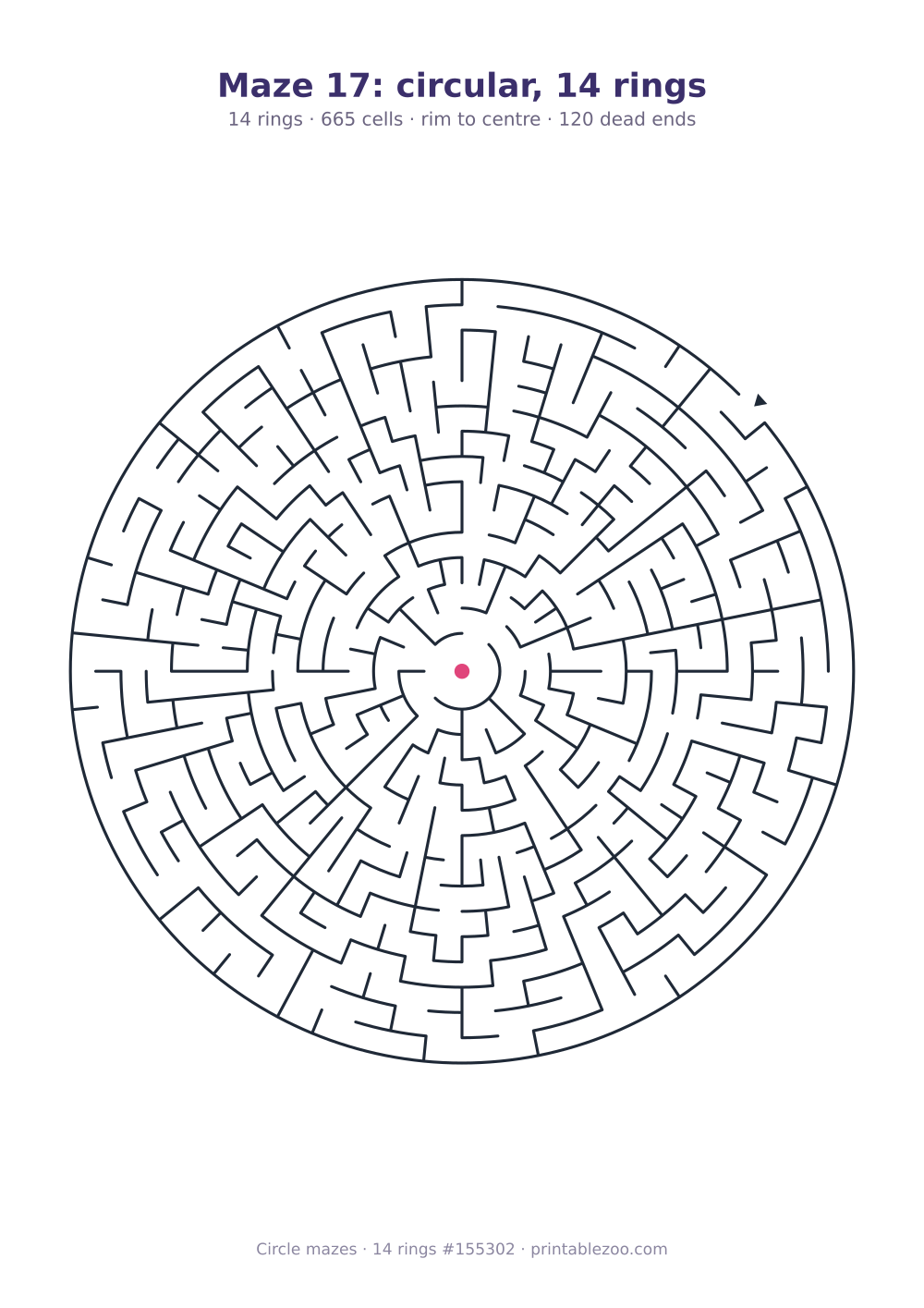 Printable circular maze with 14 rings, 665 cells and 120 dead ends, puzzle 155302