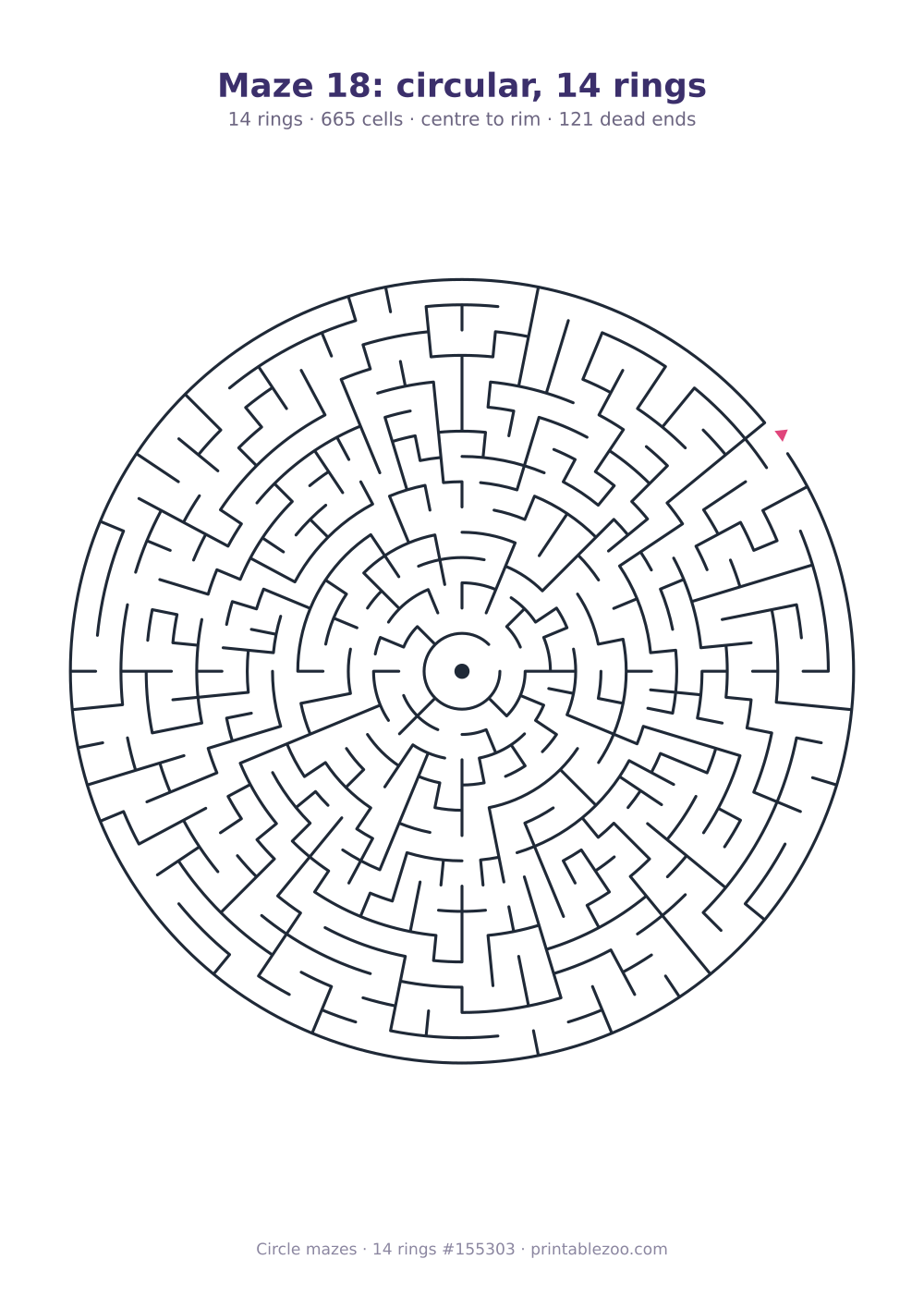 Printable circular maze with 14 rings, 665 cells and 121 dead ends, puzzle 155303