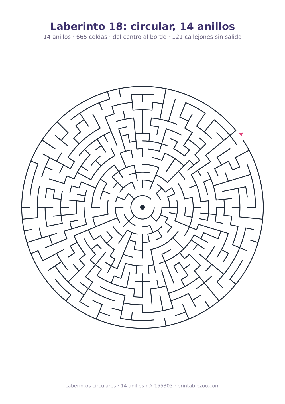 Laberinto circular para imprimir de 14 anillos, 665 celdas y 121 callejones sin salida, pasatiempo 155303