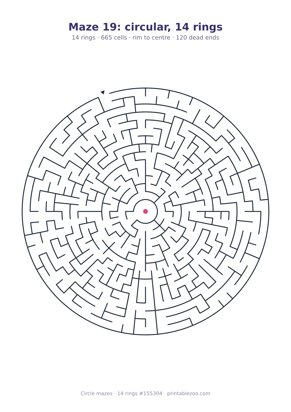Printable circular maze with 14 rings, 665 cells and 120 dead ends, puzzle 155304