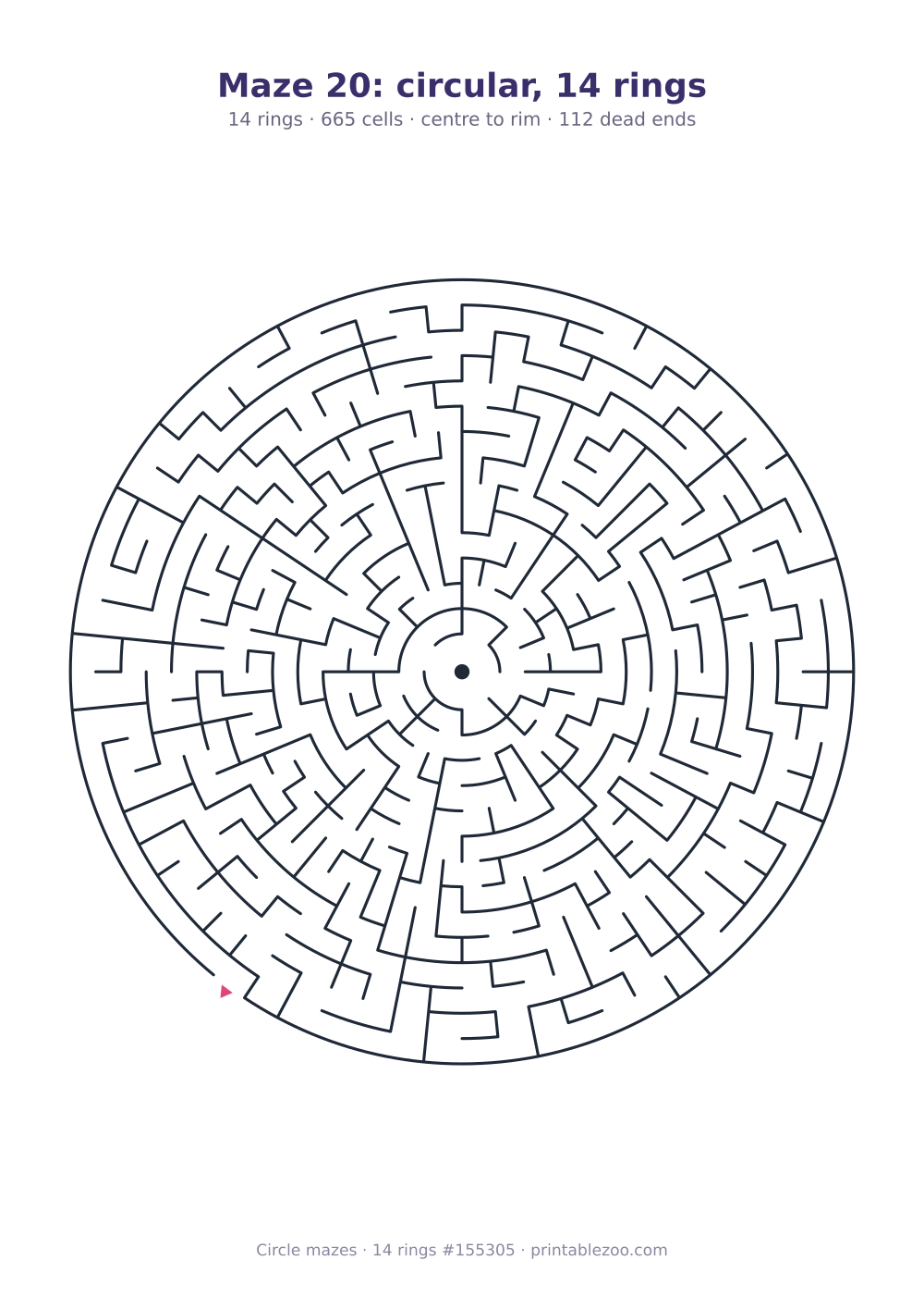 Printable circular maze with 14 rings, 665 cells and 112 dead ends, puzzle 155305