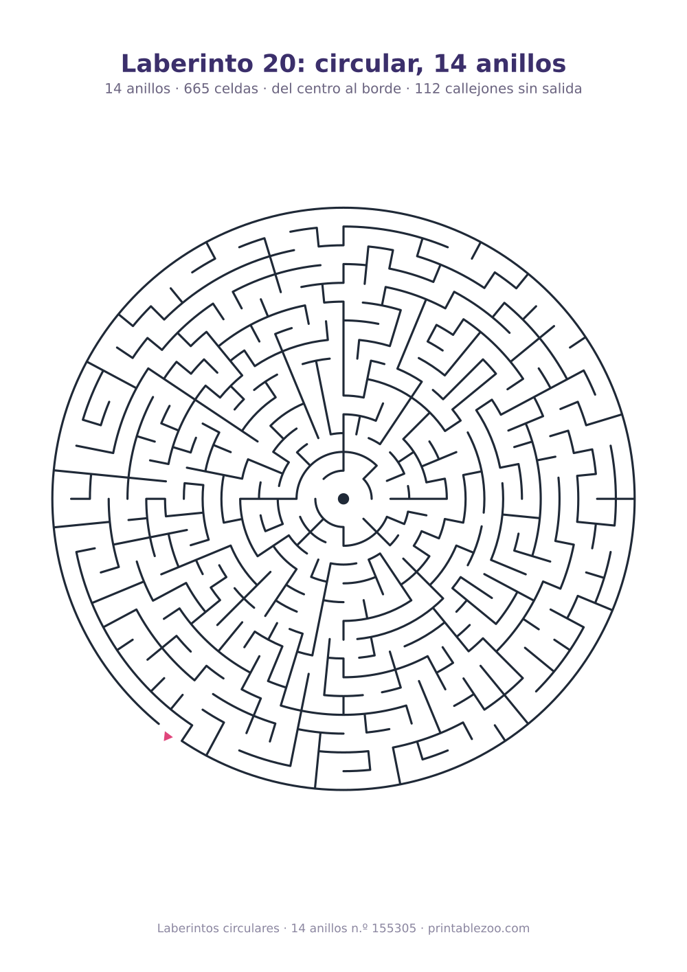Laberinto circular para imprimir de 14 anillos, 665 celdas y 112 callejones sin salida, pasatiempo 155305