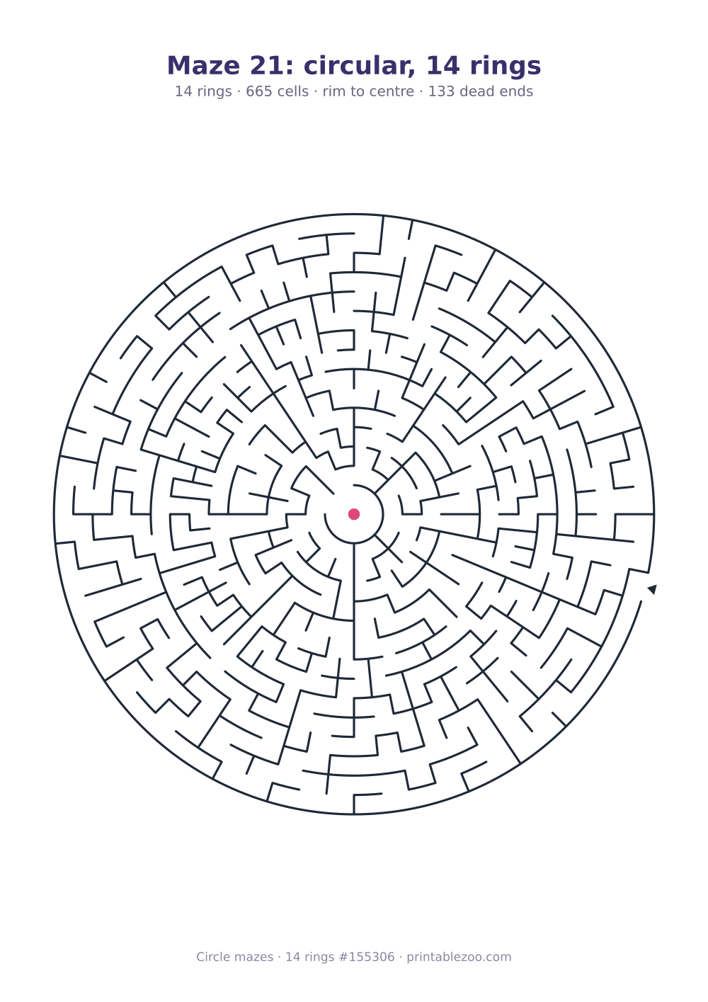 Printable circular maze with 14 rings, 665 cells and 133 dead ends, puzzle 155306