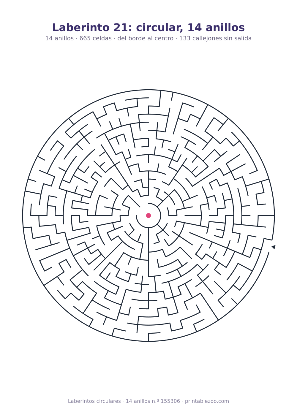Laberinto circular para imprimir de 14 anillos, 665 celdas y 133 callejones sin salida, pasatiempo 155306