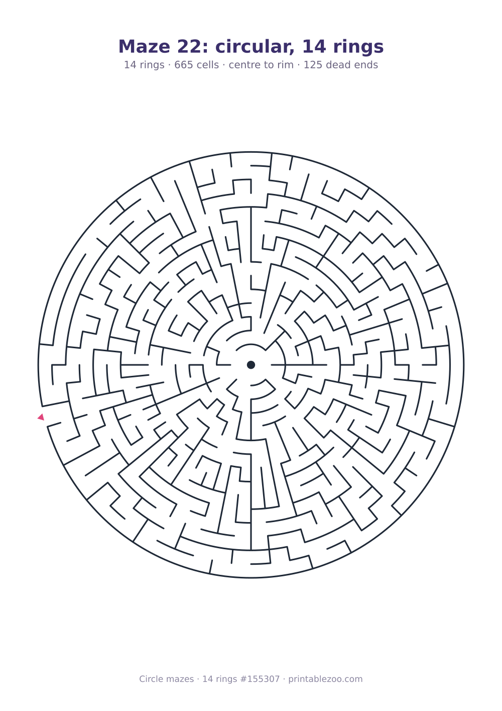 Printable circular maze with 14 rings, 665 cells and 125 dead ends, puzzle 155307