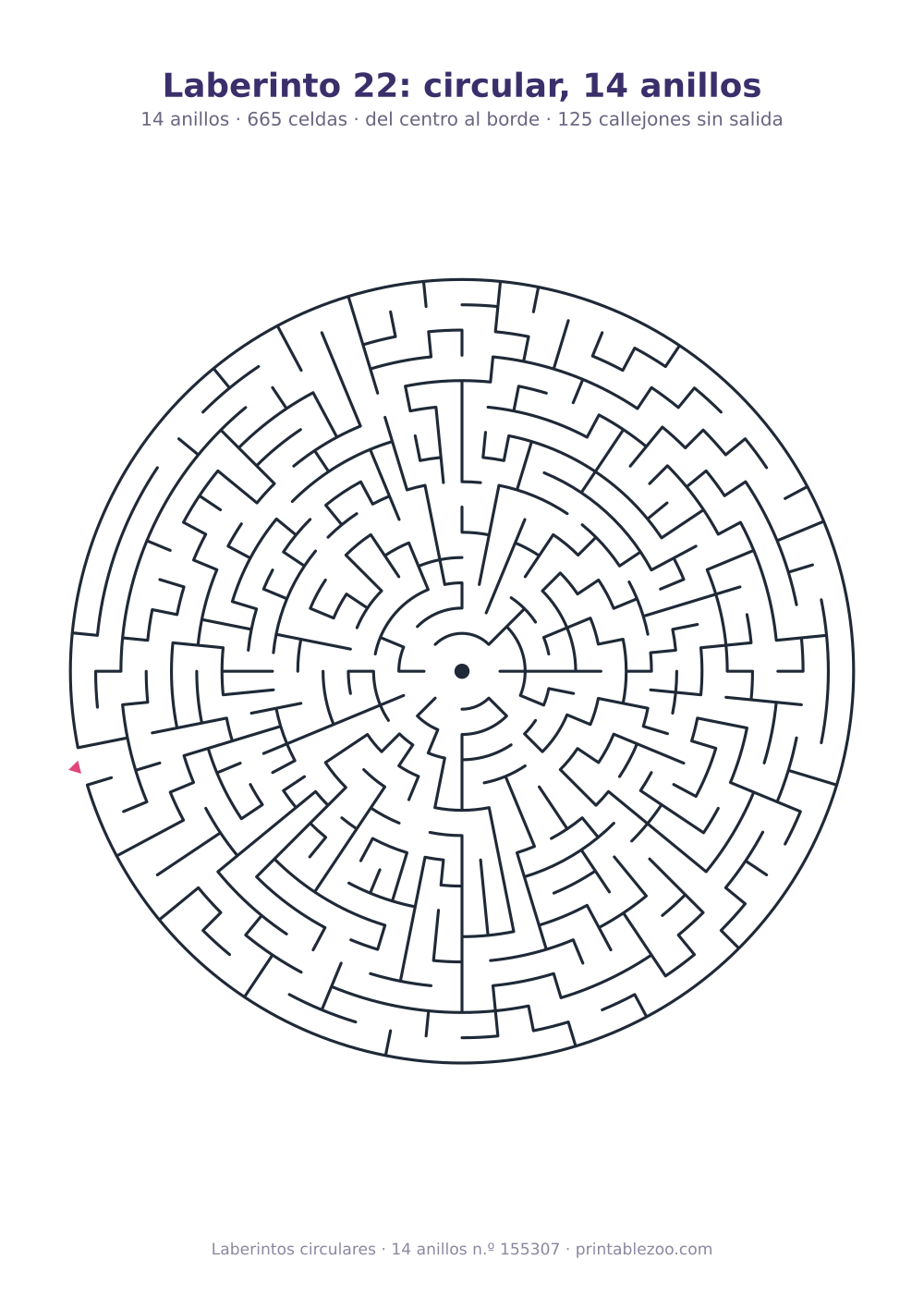 Laberinto circular para imprimir de 14 anillos, 665 celdas y 125 callejones sin salida, pasatiempo 155307