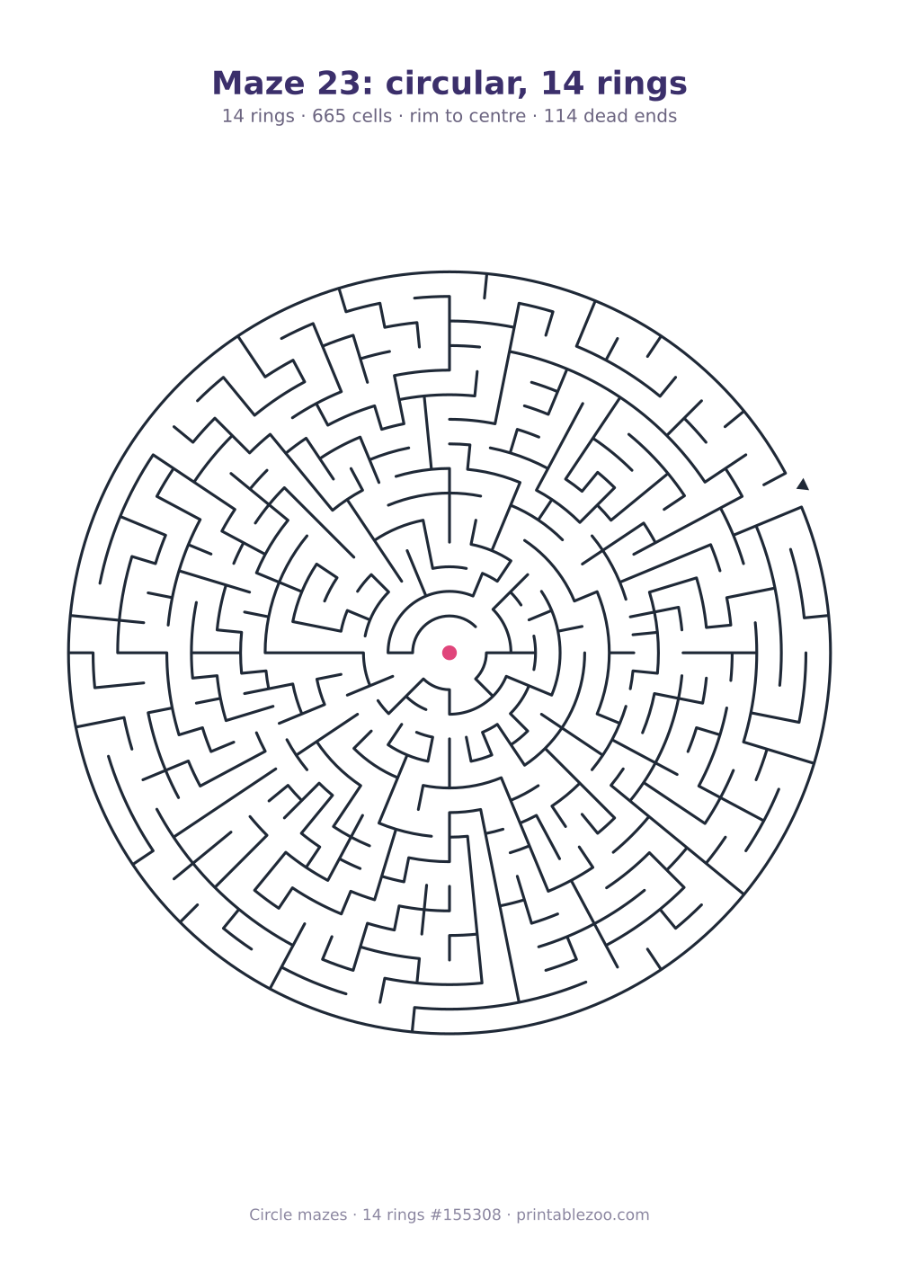 Printable circular maze with 14 rings, 665 cells and 114 dead ends, puzzle 155308