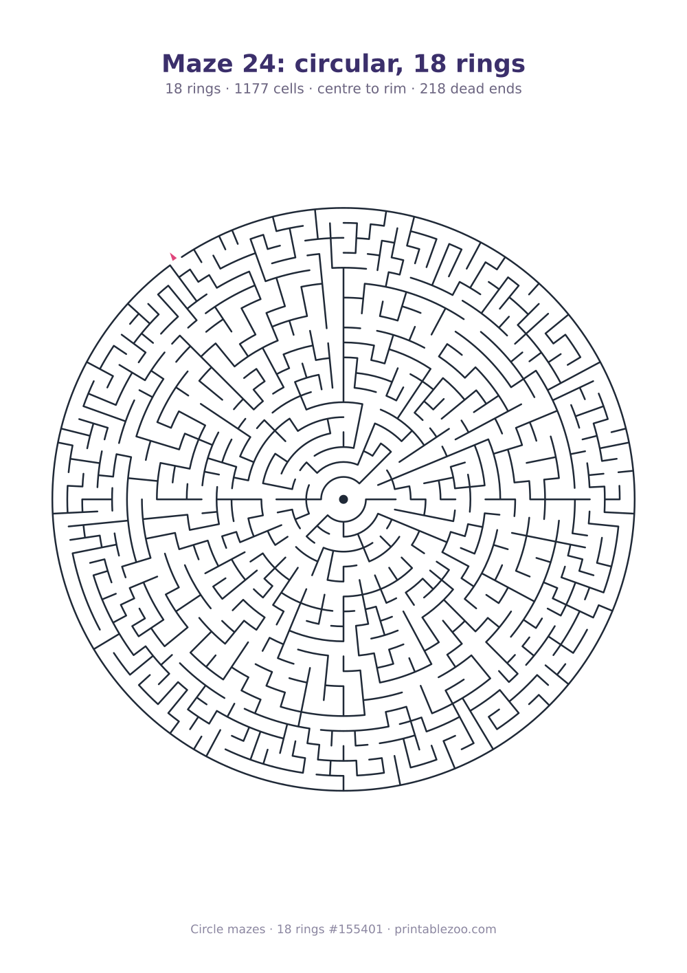 Printable circular maze with 18 rings, 1177 cells and 218 dead ends, puzzle 155401
