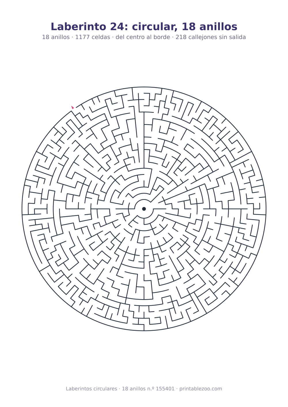 Laberinto circular para imprimir de 18 anillos, 1177 celdas y 218 callejones sin salida, pasatiempo 155401