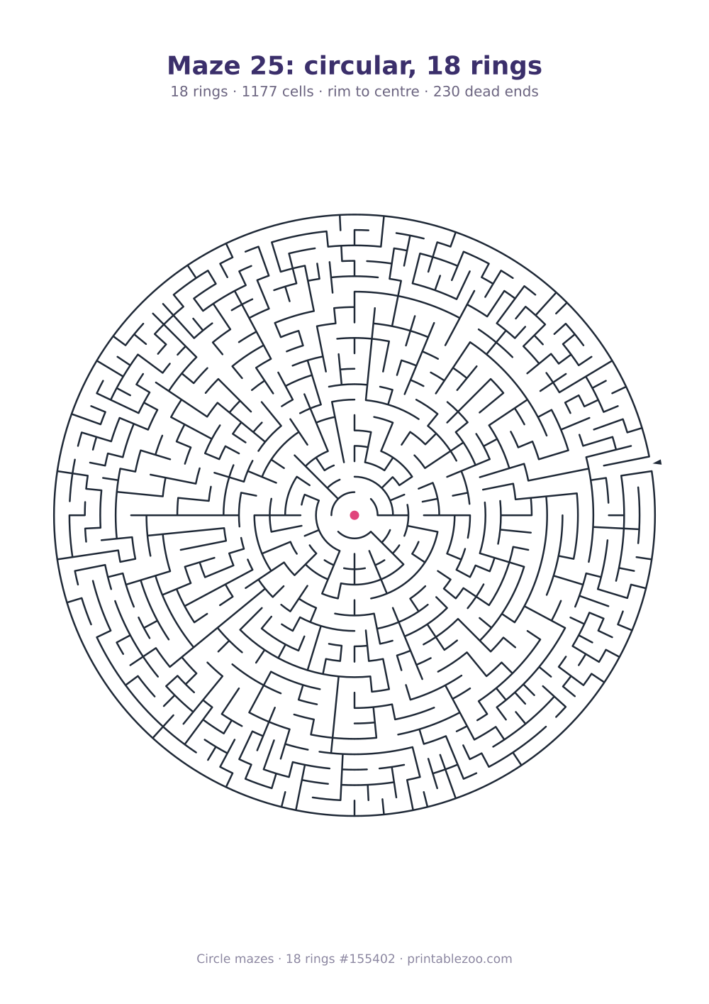 Printable circular maze with 18 rings, 1177 cells and 230 dead ends, puzzle 155402