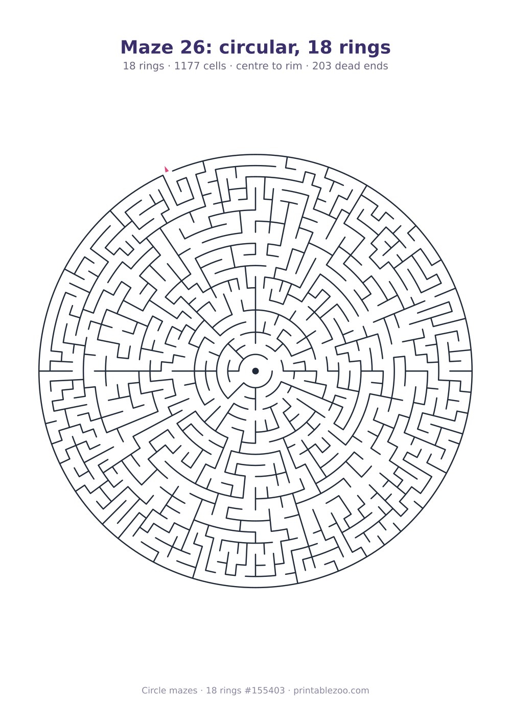 Printable circular maze with 18 rings, 1177 cells and 203 dead ends, puzzle 155403