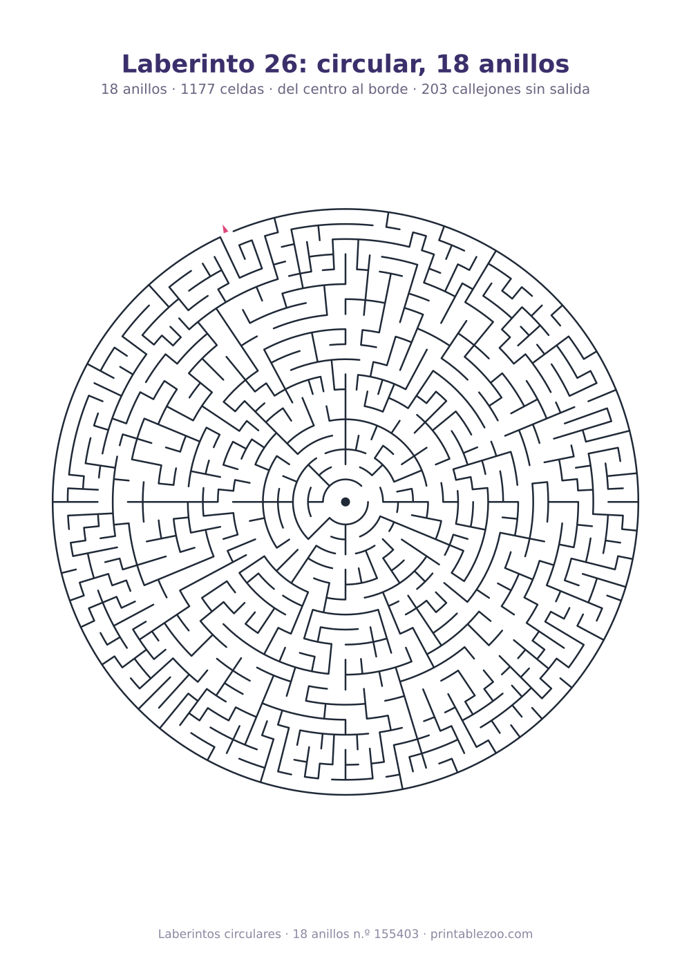 Laberinto circular para imprimir de 18 anillos, 1177 celdas y 203 callejones sin salida, pasatiempo 155403