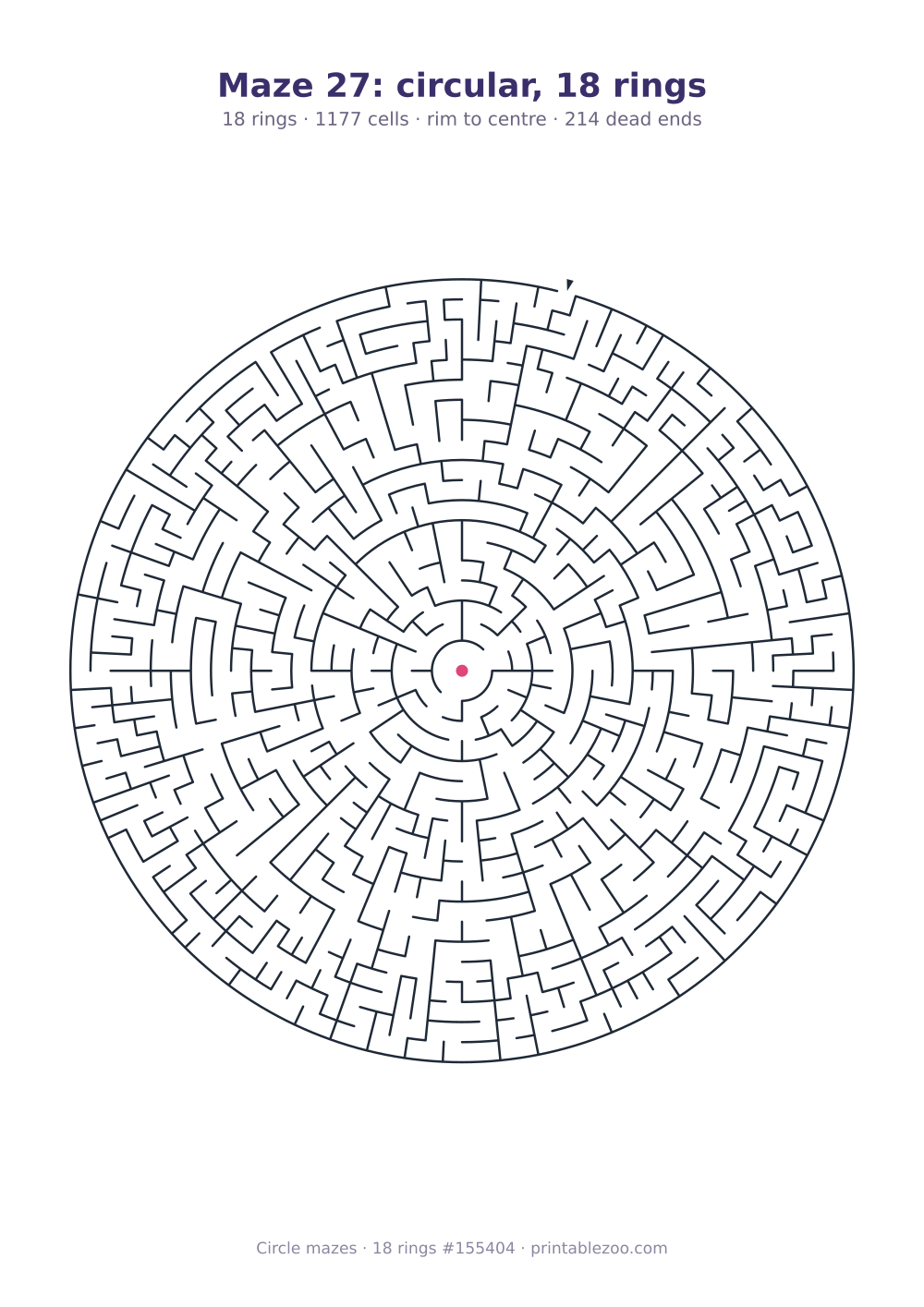 Printable circular maze with 18 rings, 1177 cells and 214 dead ends, puzzle 155404