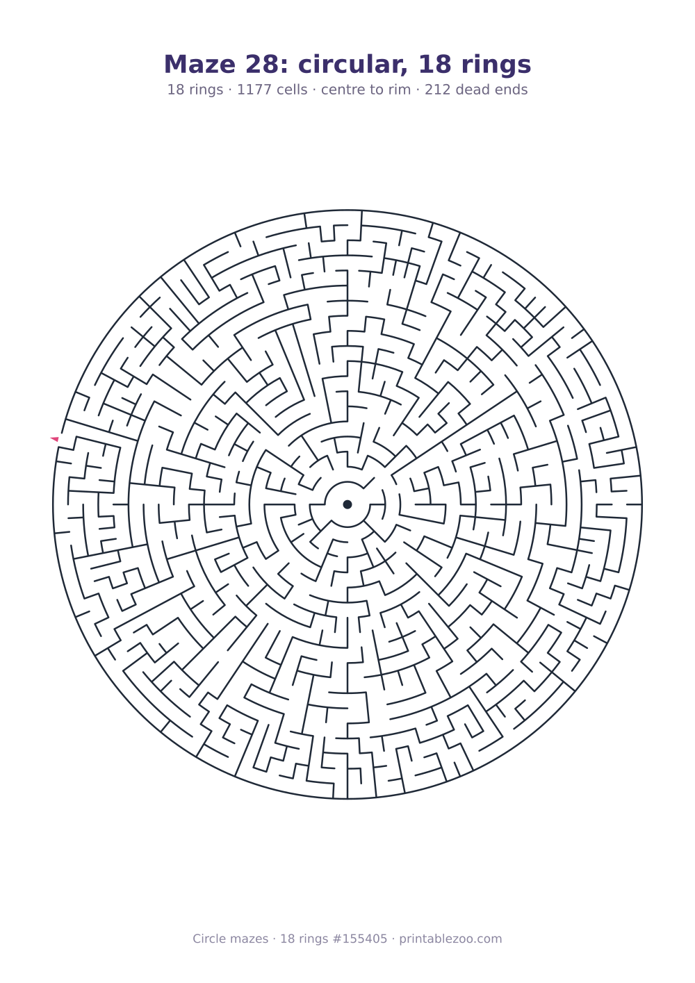Printable circular maze with 18 rings, 1177 cells and 212 dead ends, puzzle 155405