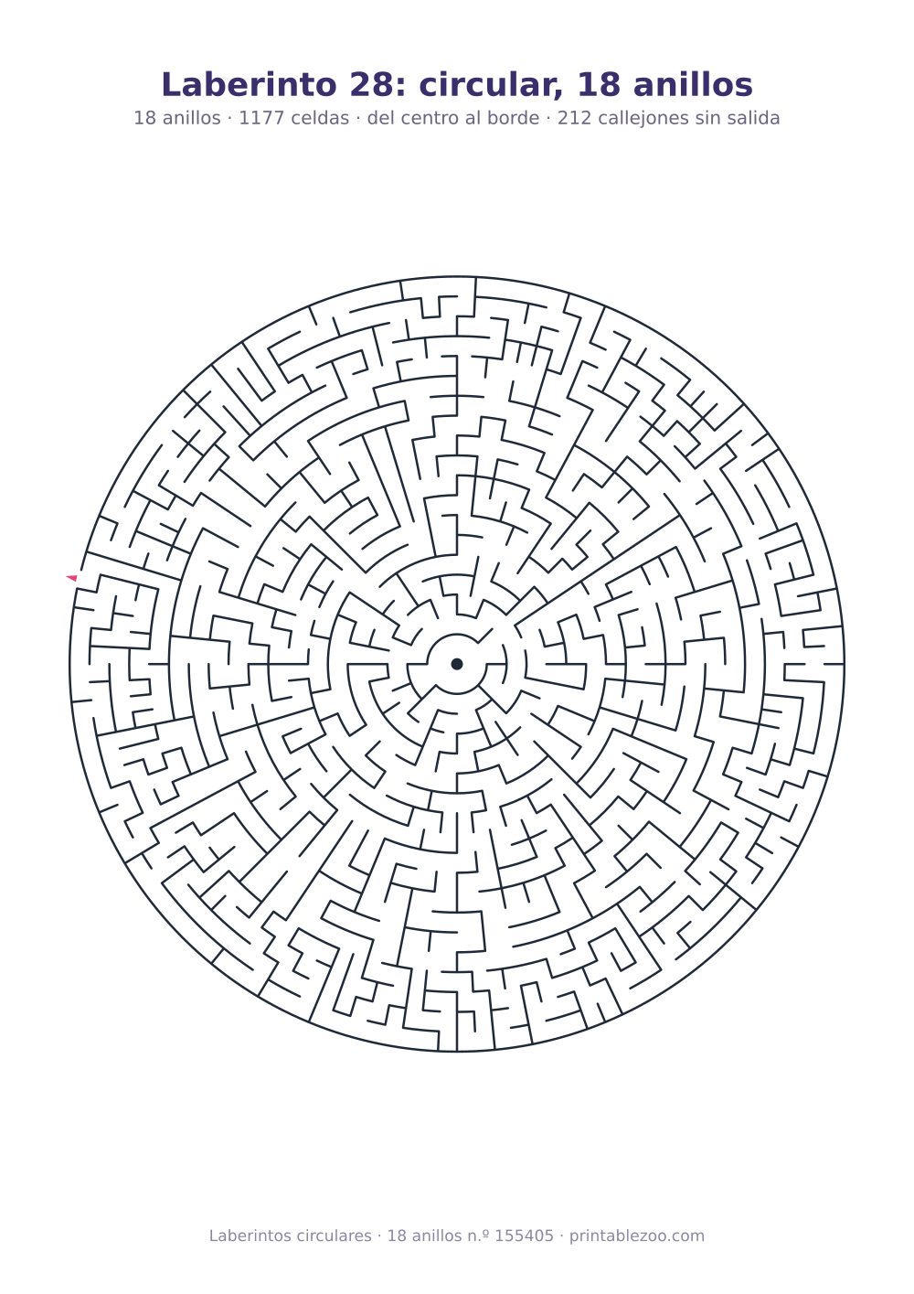 Laberinto circular para imprimir de 18 anillos, 1177 celdas y 212 callejones sin salida, pasatiempo 155405