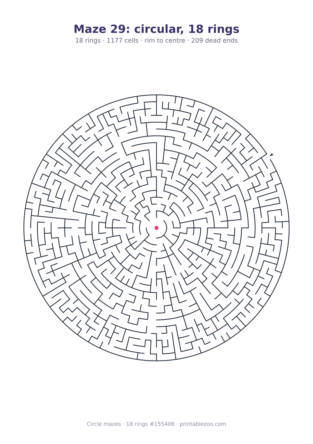 Printable circular maze with 18 rings, 1177 cells and 209 dead ends, puzzle 155406