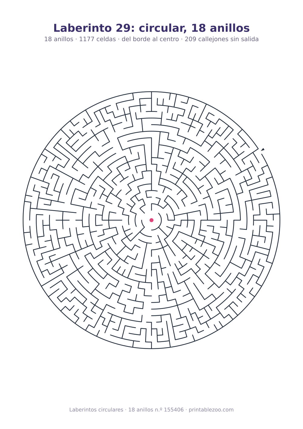 Laberinto circular para imprimir de 18 anillos, 1177 celdas y 209 callejones sin salida, pasatiempo 155406