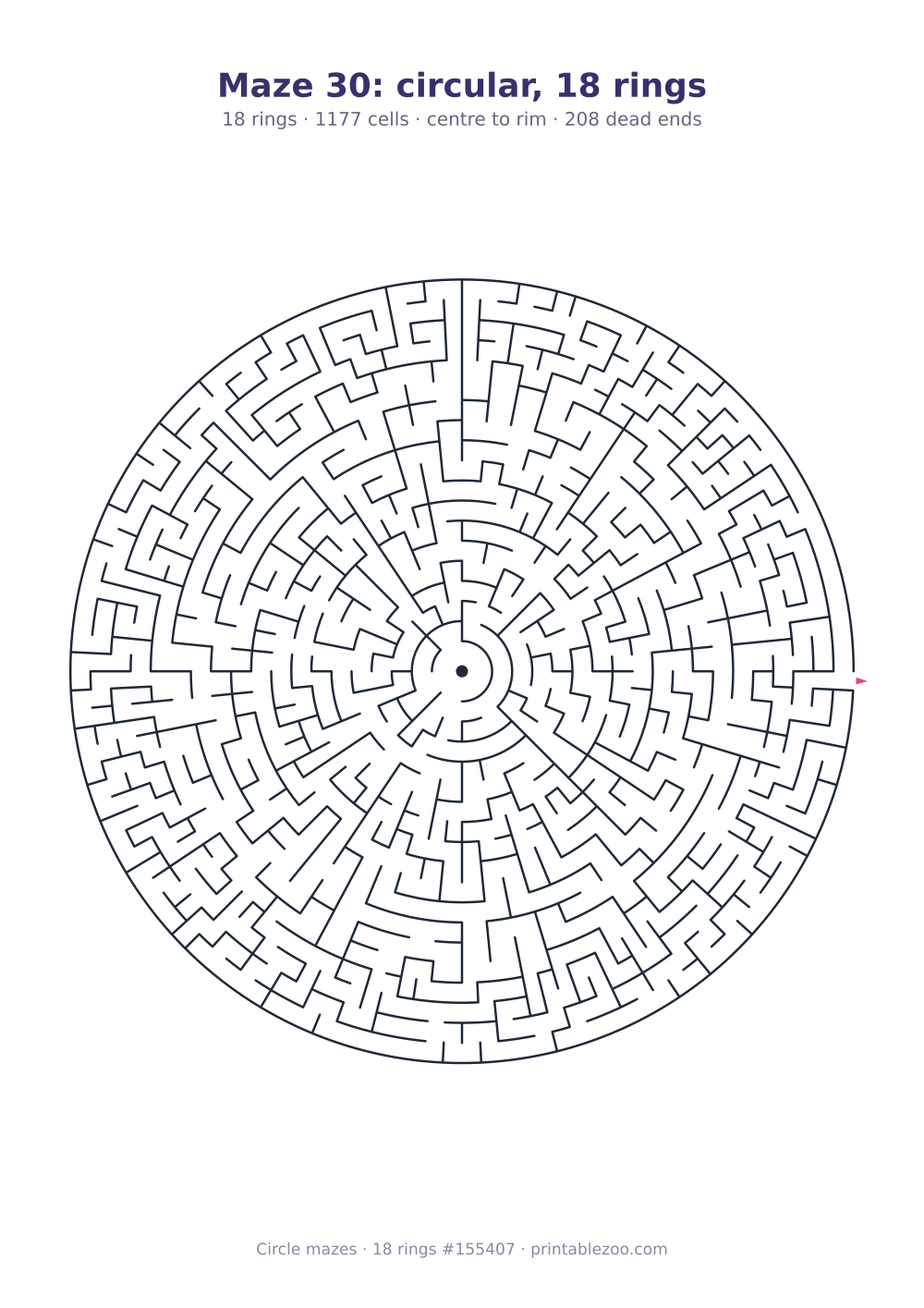 Printable circular maze with 18 rings, 1177 cells and 208 dead ends, puzzle 155407