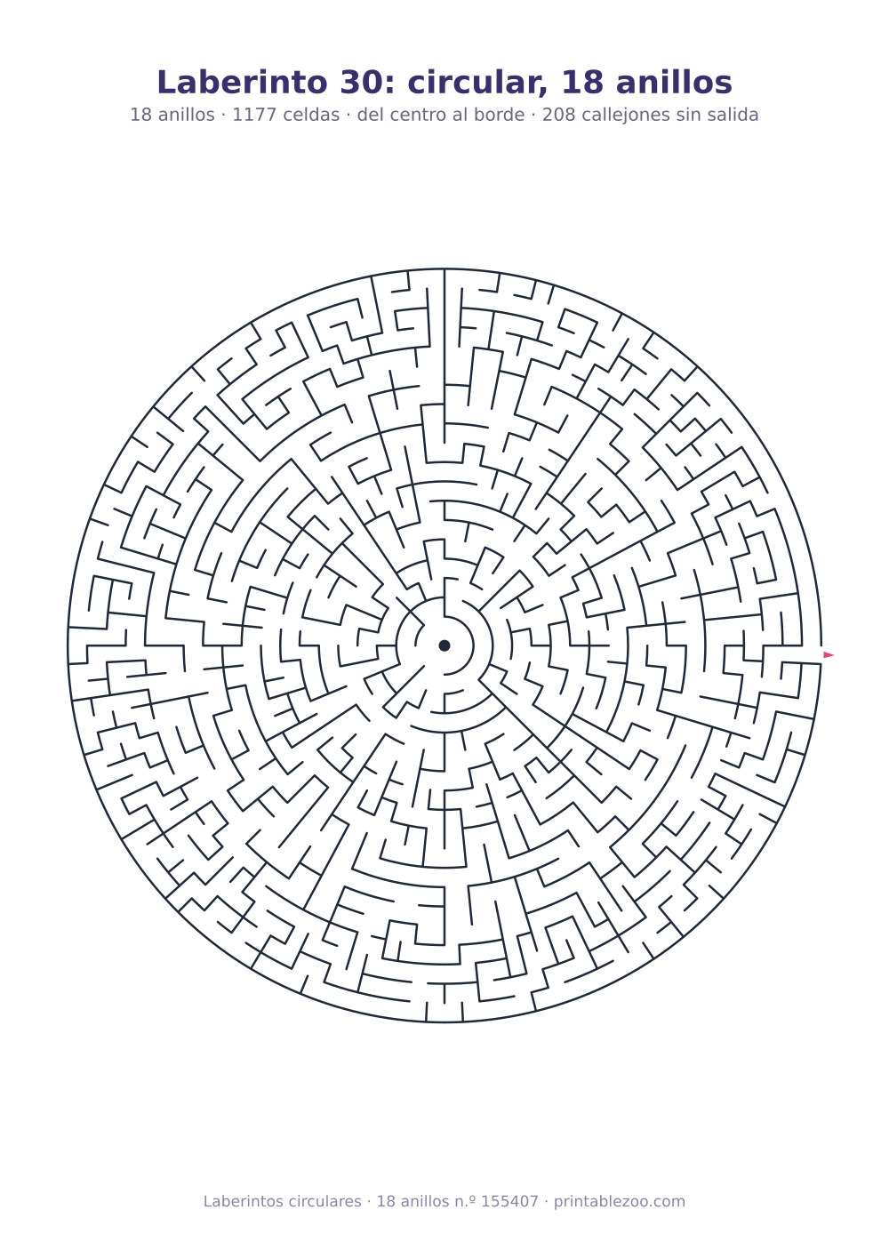 Laberinto circular para imprimir de 18 anillos, 1177 celdas y 208 callejones sin salida, pasatiempo 155407