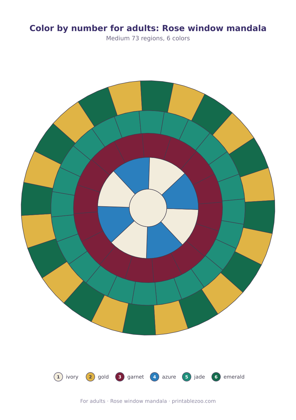 Color by number for adults: Rose window mandala
