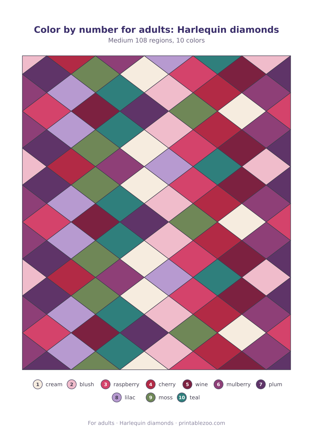 Color by number for adults: Harlequin diamonds
