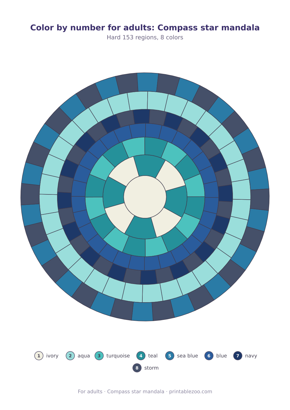 Color by number for adults: Compass star mandala