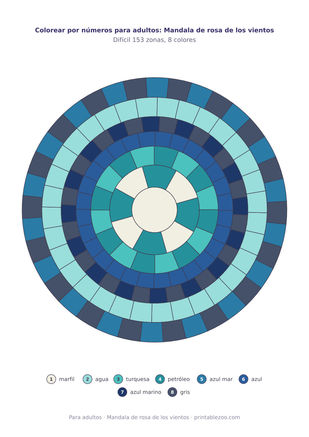 Colorear por números para adultos: Mandala de rosa de los vientos