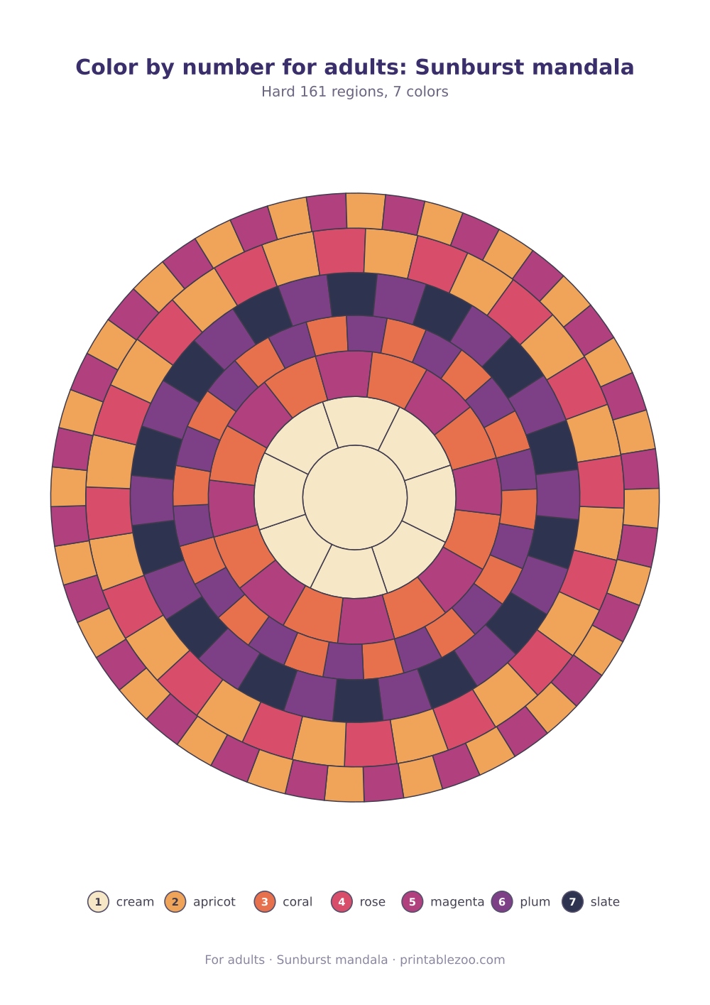 Color by number for adults: Sunburst mandala
