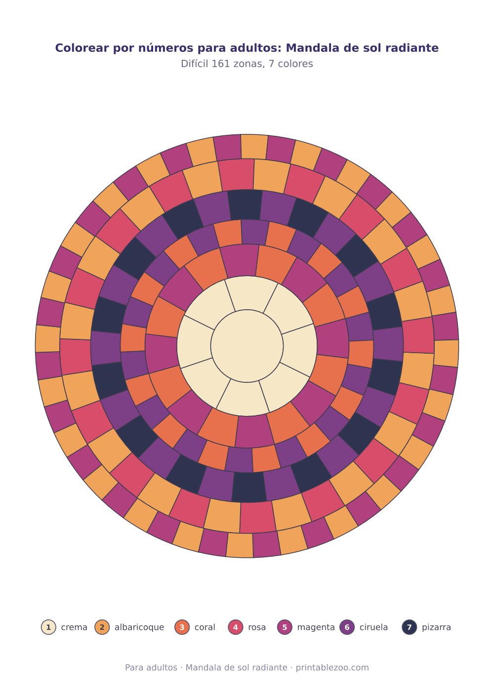 Colorear por números para adultos: Mandala de sol radiante