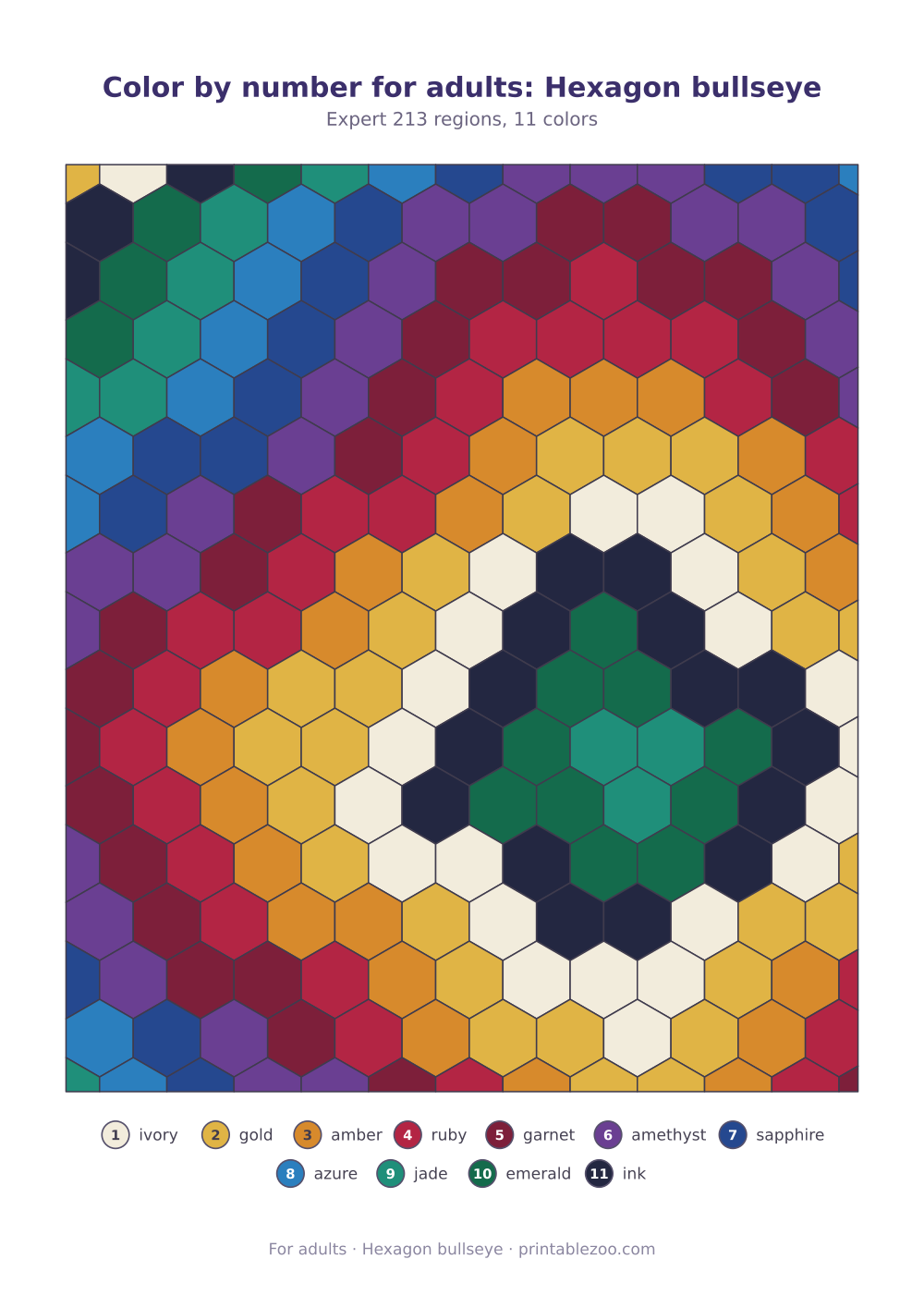 Color by number for adults: Hexagon bullseye