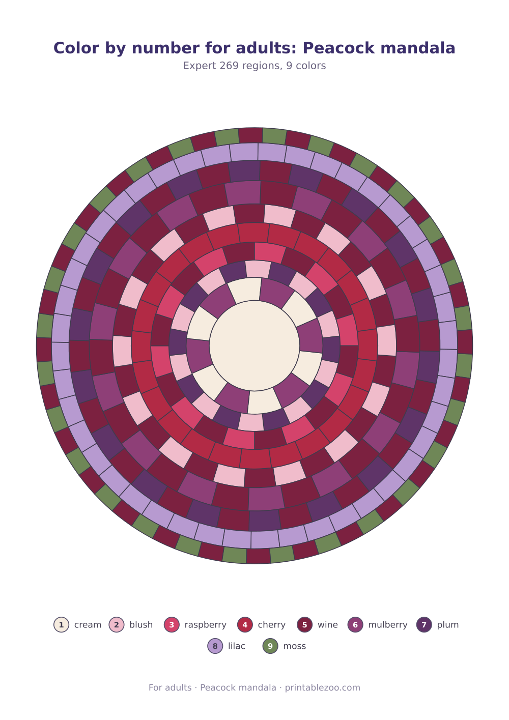 Color by number for adults: Peacock mandala