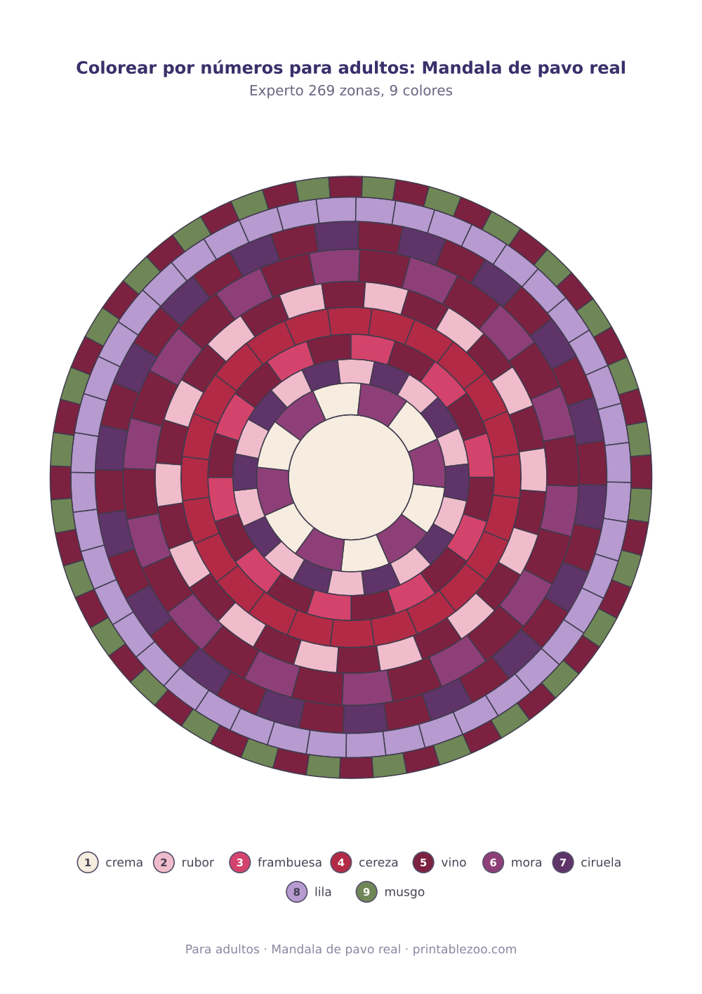 Colorear por números para adultos: Mandala de pavo real