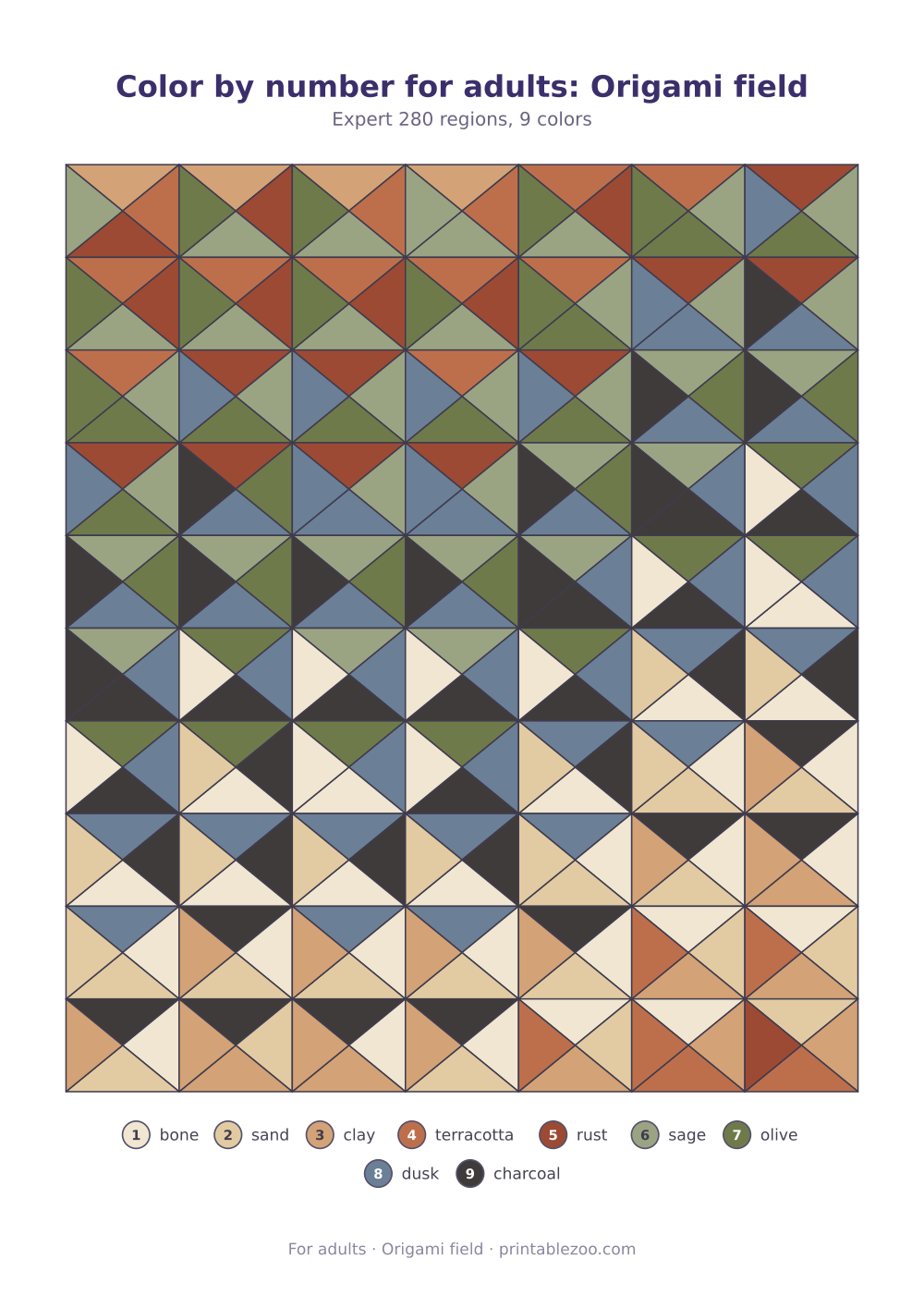 Color by number for adults: Origami field