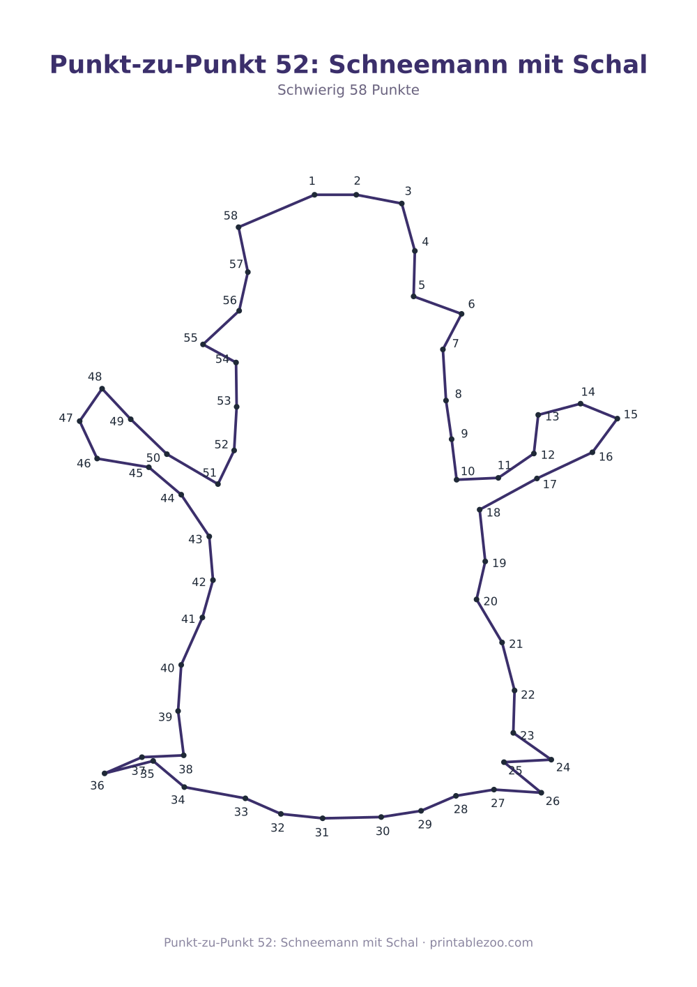Punkt-zu-Punkt 52: Schneemann mit Schal als druckfertige Vorschau, Katalognummer 166302 Rätsel Nr. 166302.