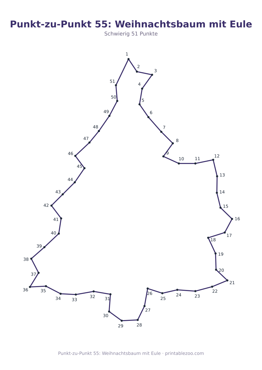 Punkt-zu-Punkt 55: Weihnachtsbaum mit Eule als druckfertige Vorschau, Katalognummer 166305 Rätsel Nr. 166305.