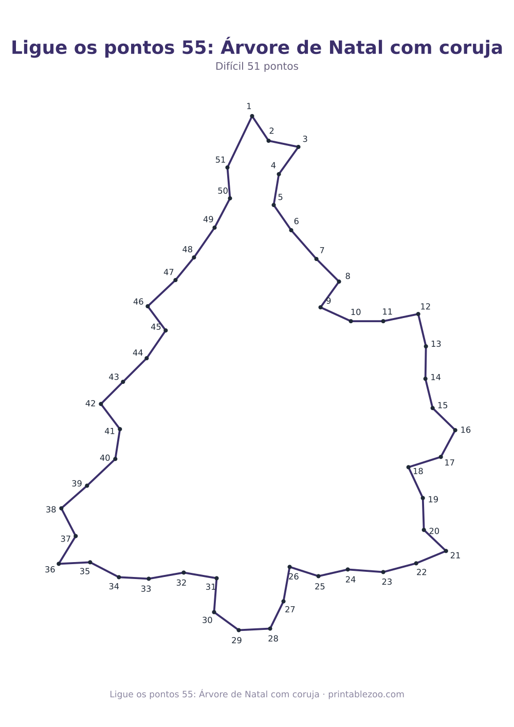 Prévia pronta para imprimir: Ligue os pontos 55: Árvore de Natal com coruja, catálogo nº 166305 Passatempo nº 166305.