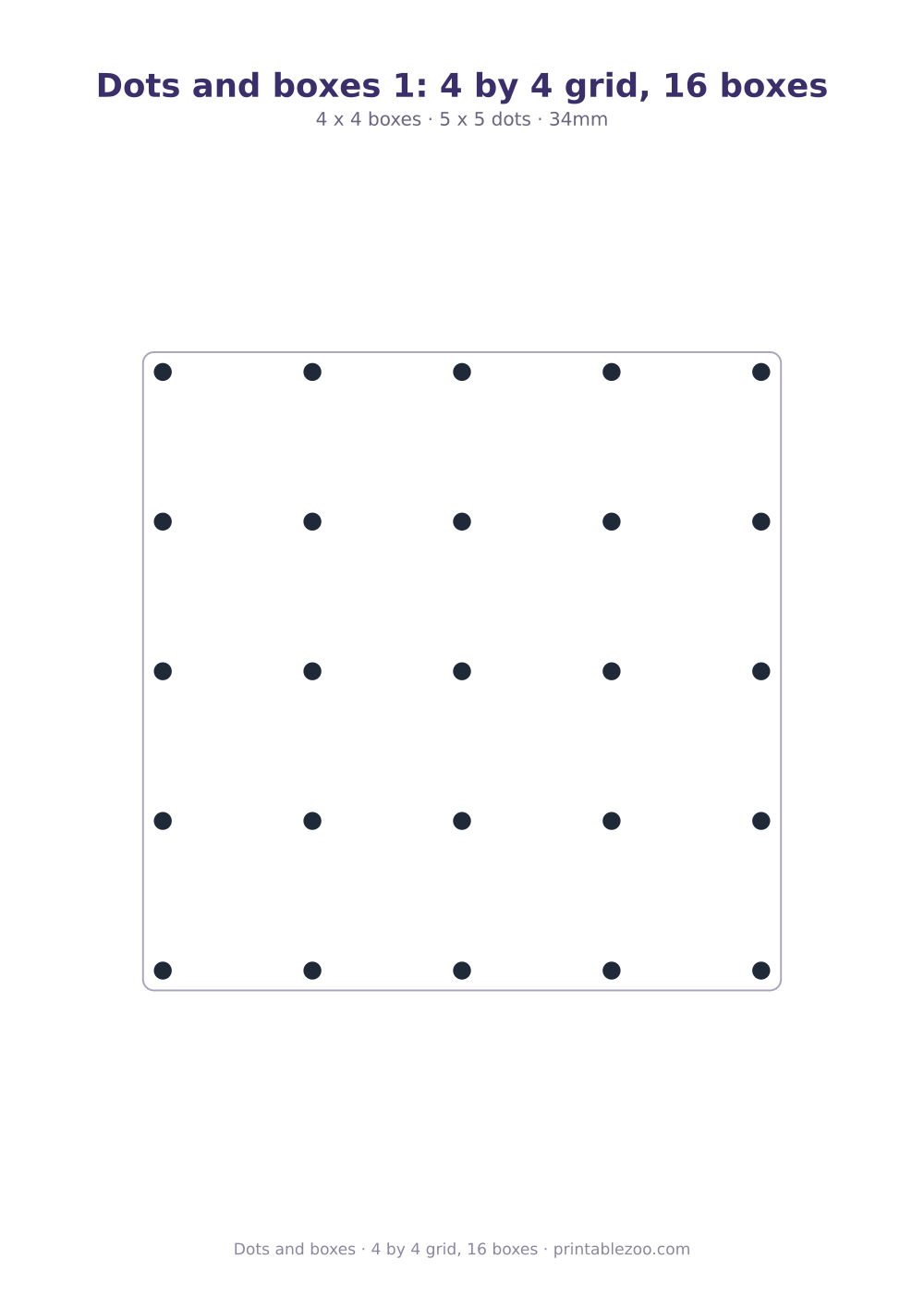 Printable dots and boxes: a 5 by 5 lattice of dots, 16 boxes to close