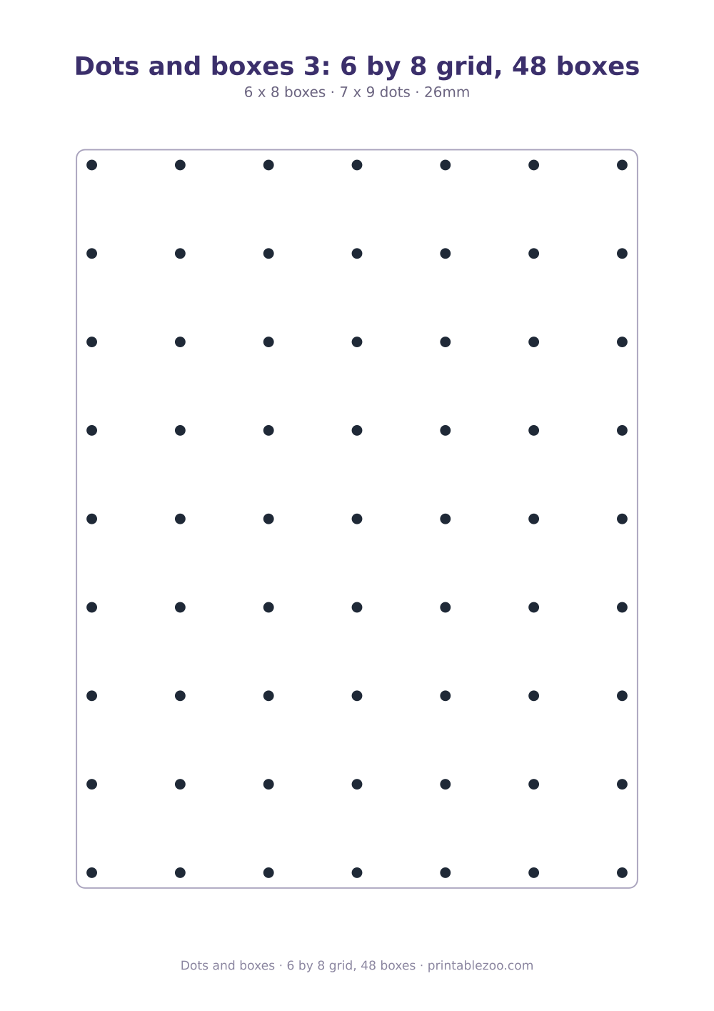 Printable dots and boxes: a 7 by 9 lattice of dots, 48 boxes to close