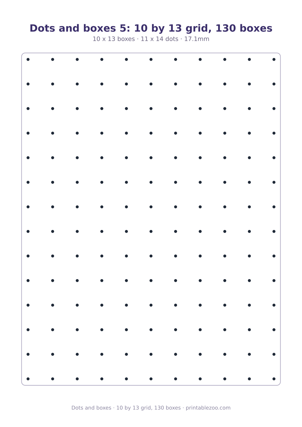 Printable dots and boxes: a 11 by 14 lattice of dots, 130 boxes to close
