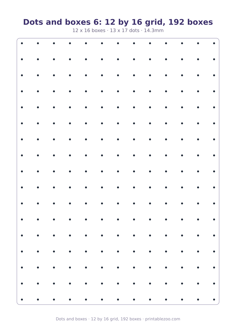 Printable dots and boxes: a 13 by 17 lattice of dots, 192 boxes to close
