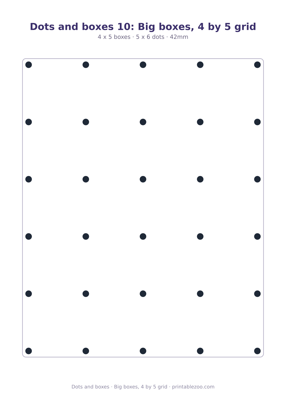 Printable dots and boxes with large 42mm boxes, big boxes, 4 by 5 grid