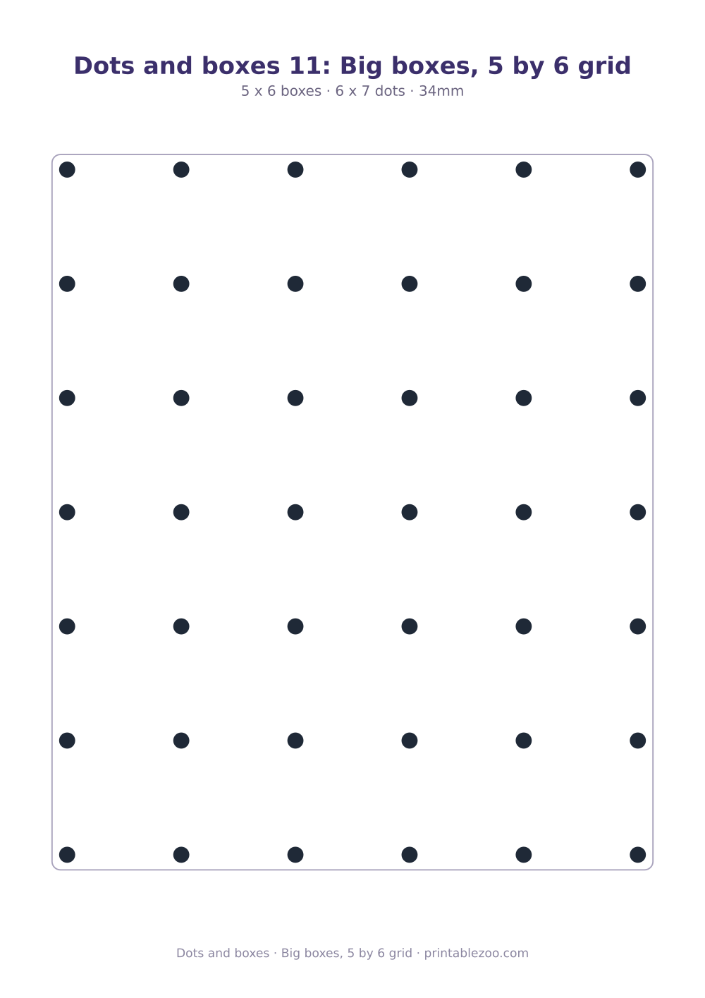 Printable dots and boxes with large 34mm boxes, big boxes, 5 by 6 grid