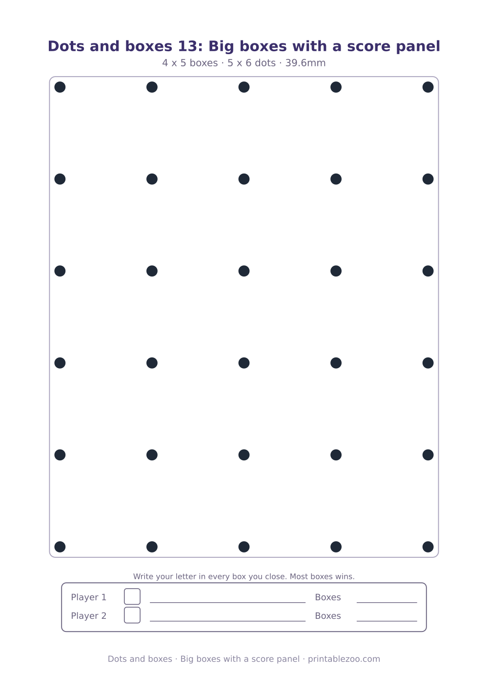 Printable dots and boxes with large 39.6mm boxes, big boxes with a score panel