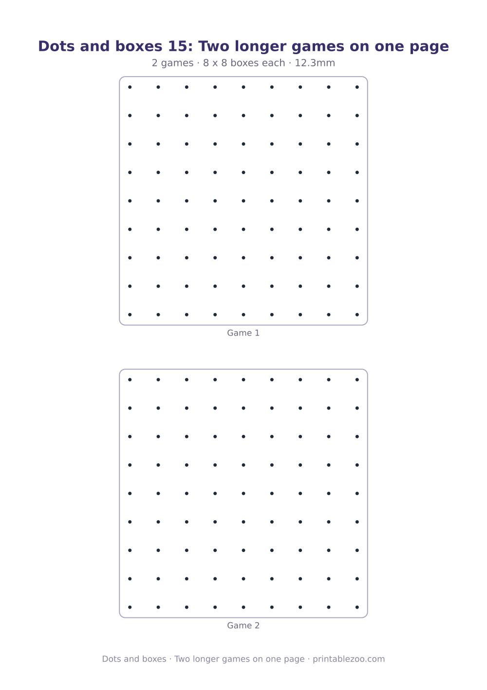 Printable dots and boxes sheet with 2 games on one page, two longer games on one page