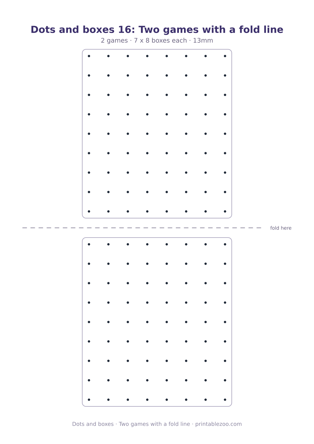 Printable dots and boxes sheet with 2 games on one page, two games with a fold line